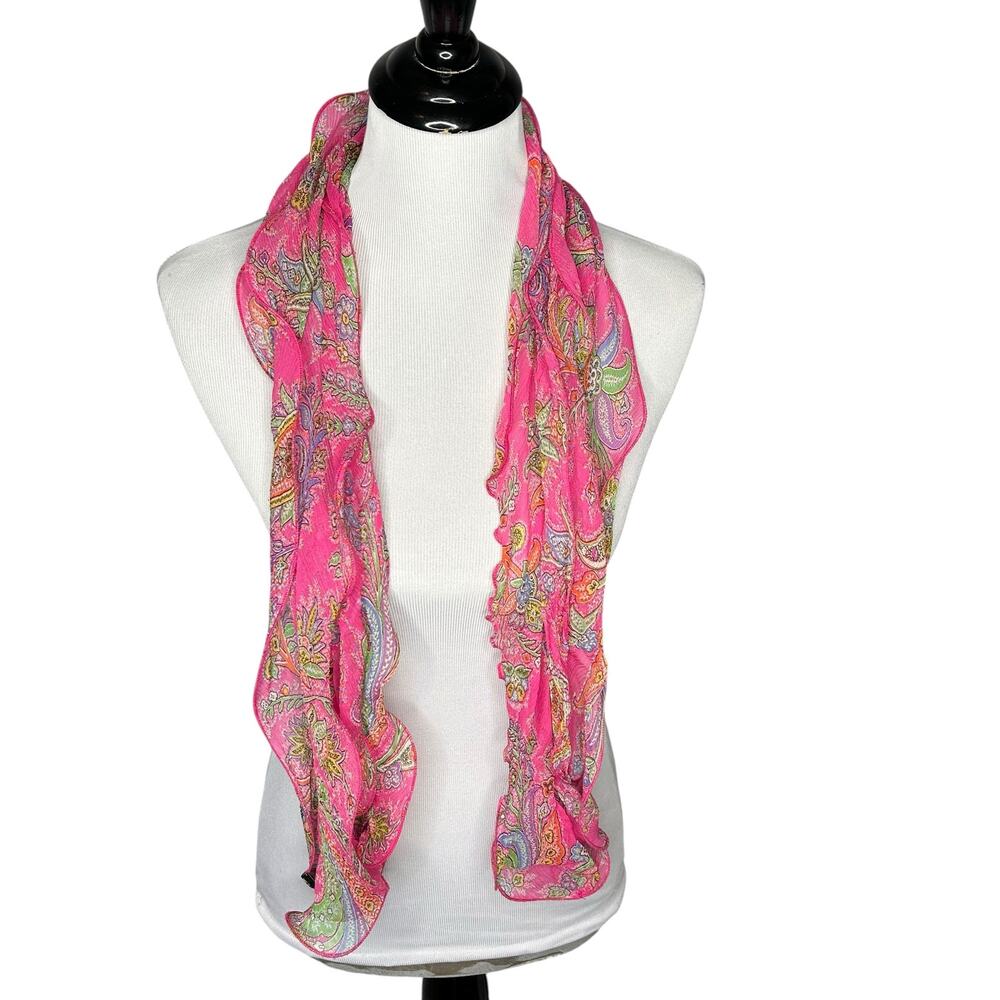 Lauren Ralph Lauren 100% Silk Scarf Double Ruffle Pink Floral Accessory Glam